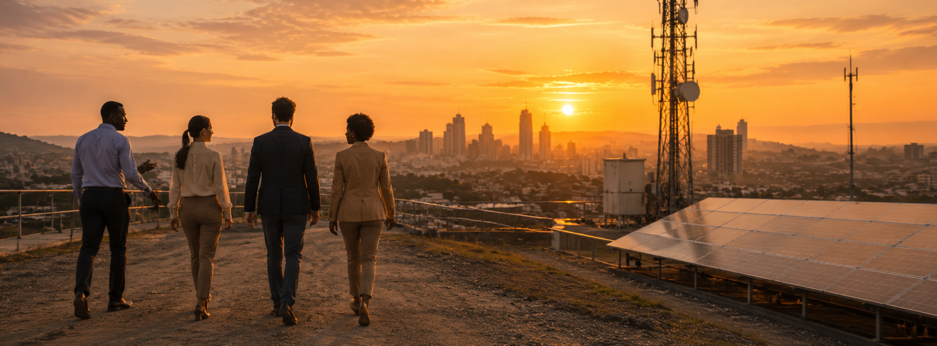 Executive team walking toward an African skyline lined with telecom towers and rooftop solar at sunset